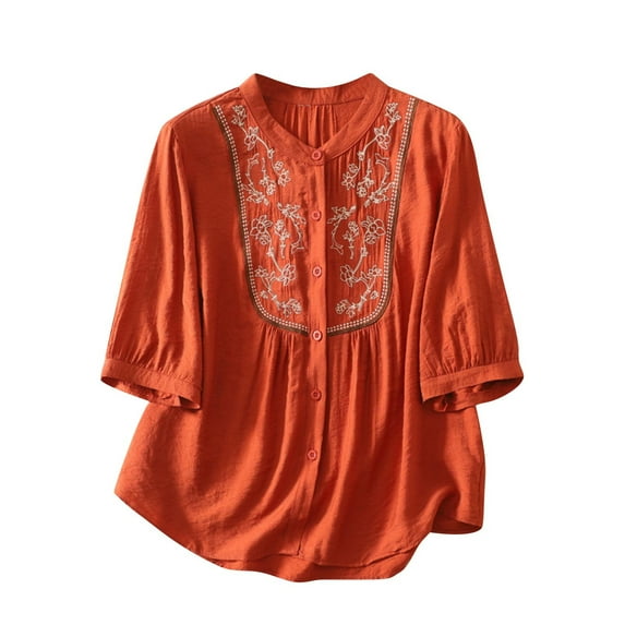 Enjoytime Button Down Shirts for Women Imitation Linen Embroidered Solid Color Blouses Casual Work 3/4 Sleeve Tops