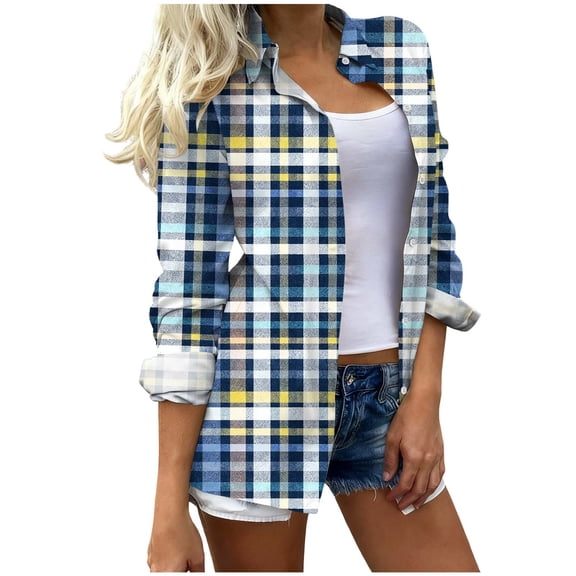 Enjoytime Button Down Shirts for Women Plaid V Neck Collared Long Sleeve Blouse Dressy Work Business Casual Tops Multicolor S