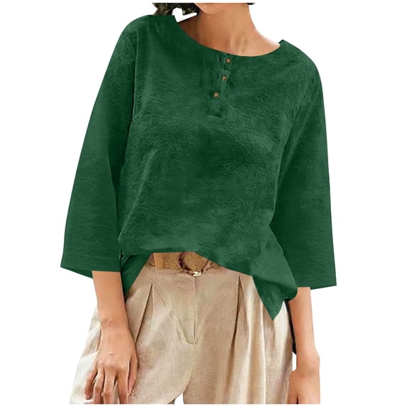 Enjoytime Button Down Shirts for Women Solid Color Round Neck 3/4 Sleeve Tops Spring Summer Loose Casual Blouses Army Green XXL