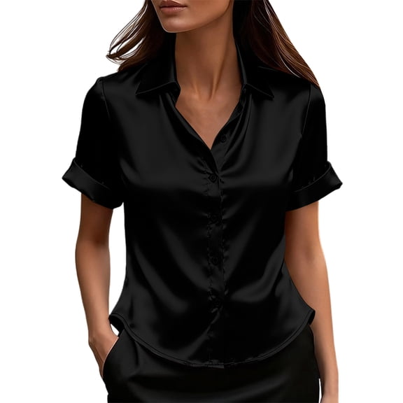 Enjoytime Button Down Shirts for Women Solid Color Short Sleeve Collared Blouses Satin Fashion Party Casual Tops Black XL