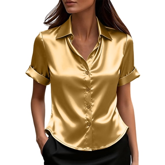 Enjoytime Button Down Shirts for Women Solid Color Short Sleeve Collared Blouses Satin Fashion Party Casual Tops Khaki XXL