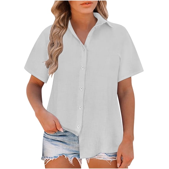 Enjoytime Button Down Shirts for Women Solid Color V-Neck Collared Short Sleeve Tops Dressy Business Casual Plus Size Blouse Gray L
