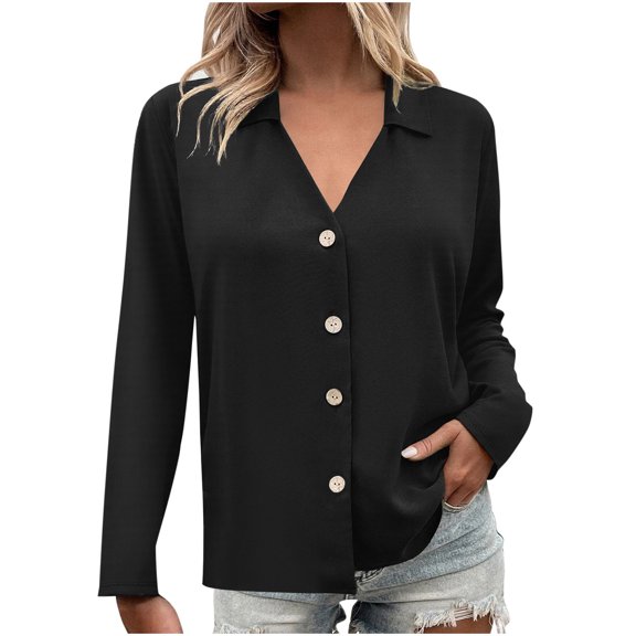 Enjoytime Button Up Shirt Women Solid Long Sleeve Shirts Flowy Collared Work Office Business Blouses Tops Plus Size Spring Clothes for Women