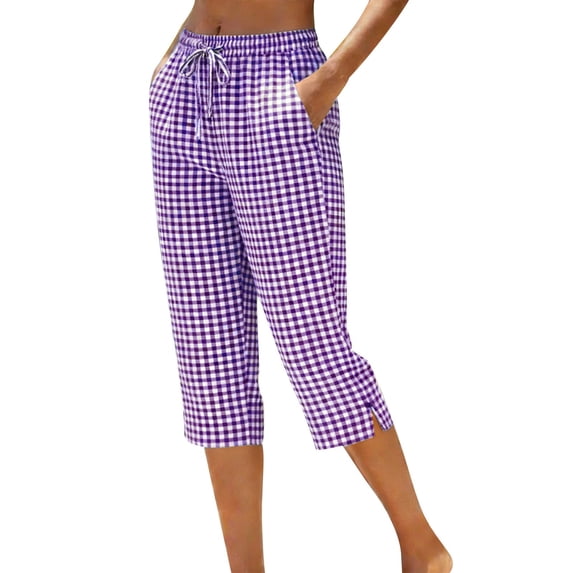 Enjoytime Capri Pants for Women Plaid Drawstring Elastic Waist Straight Leg Capris Summer Casual Plus Size Pants
