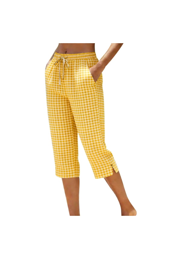 Capri Pants for Women Plaid Drawstring Elastic Waist Straight Leg Capris Summer Casual Plus Size Pants