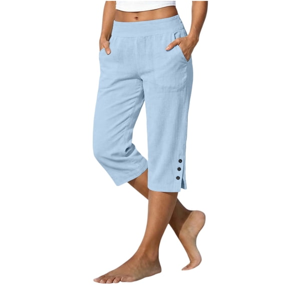 Enjoytime Capris for Women with Pockets Solid Straight Leg Linen Pants Summer Casual Lightweight Capri Pants