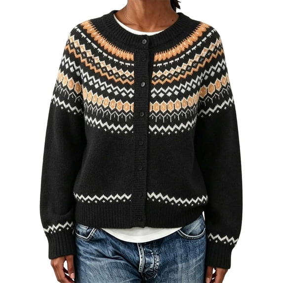 Enjoytime Cardigan for Women Print Crew Neck Button Down Knitted Cropped Sweater Jacket Warm Cozy Long Sleeve Casual Outerwear
