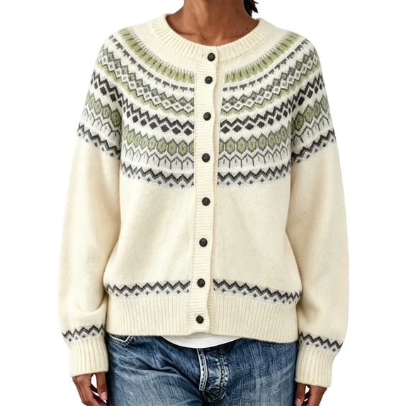 Enjoytime Cardigan for Women Print Crew Neck Button Down Knitted Cropped Sweater Jacket Warm Cozy Long Sleeve Casual Outerwear