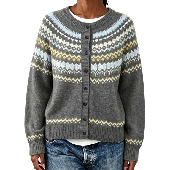 Enjoytime Cardigan for Women Print Crew Neck Button Down Knitted Cropped Sweater Jacket Warm Cozy Long Sleeve Casual Outerwear