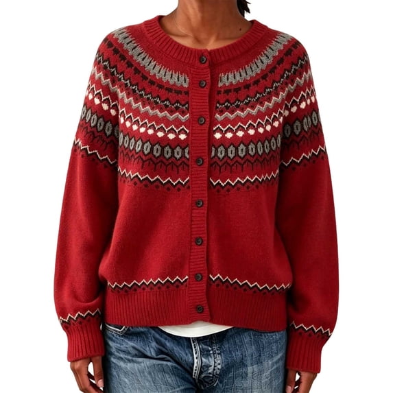 Enjoytime Cardigan for Women Print Crew Neck Button Down Knitted Cropped Sweater Jacket Warm Cozy Long Sleeve Casual Outerwear