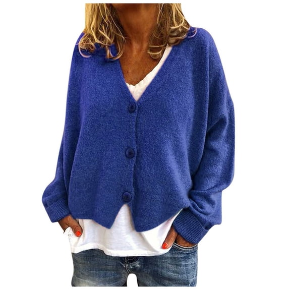Enjoytime Cardigan for Women Solid Color Long Sleeve Knit Sweater Button Down Cropped Jacket Fall Winter Plus Size Fashion Casual Outerwear