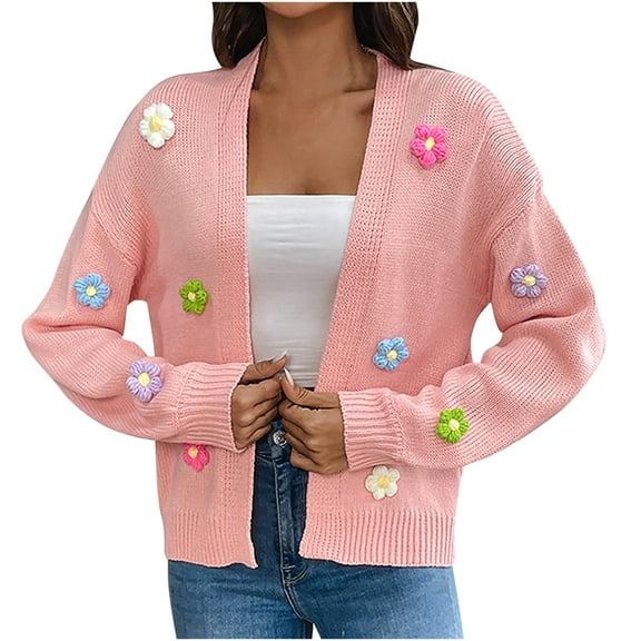 Enjoytime Cardigans for Women Trendy Printed V-Neck Long Sleeve Knit Cardigan Coat Casual Loose Cute Sweaters for Women Pink XL
