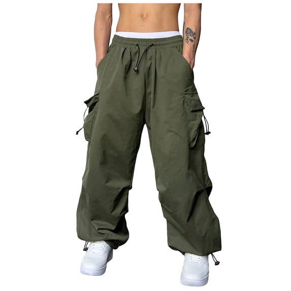 Enjoytime Cargo Pants for Men Solid Color Drawstring High Waist Plus Size Trousers Casual Travel Athletic Workout Sweatpants with Pockets Army Green L