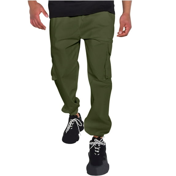 Enjoytime Cargo Pants for Men Solid Color Elastic Waist Plus Size Sweatpants Casual Lightweight Outdoor Workout Mens Joggers with Pockets Army Green L