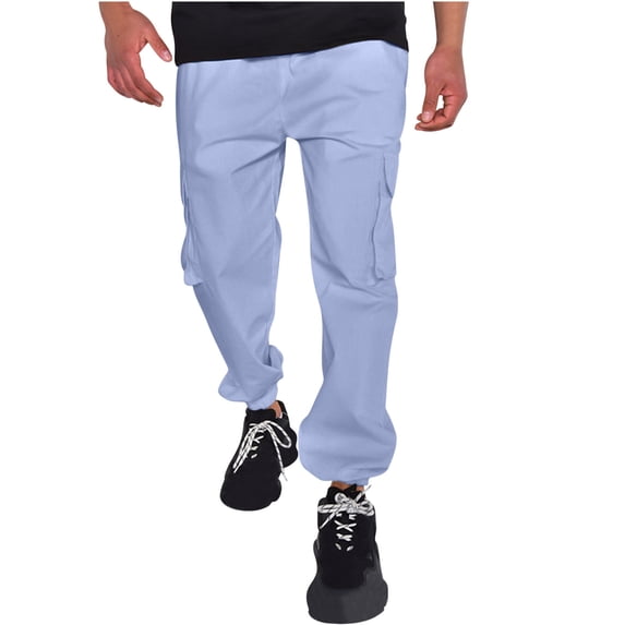 Enjoytime Cargo Pants for Men Solid Color Elastic Waist Plus Size Sweatpants Casual Lightweight Outdoor Workout Mens Joggers with Pockets Light Blue M