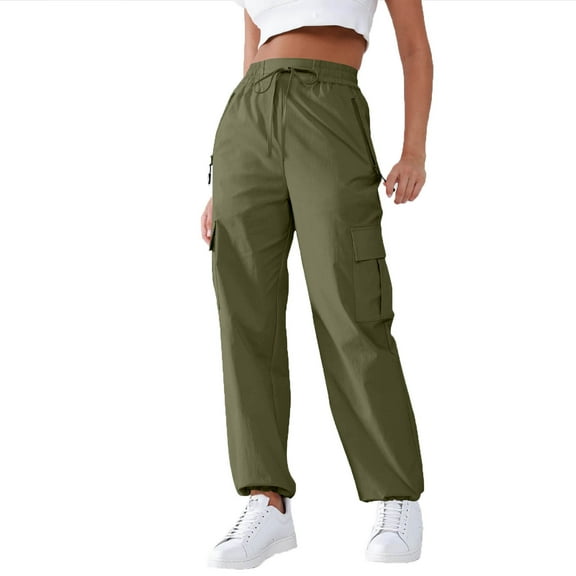 Enjoytime Cargo Pants Women Drawstring Elastic Waist Stretch Trousers Solid Color Casual Comfy Pants Army Green L