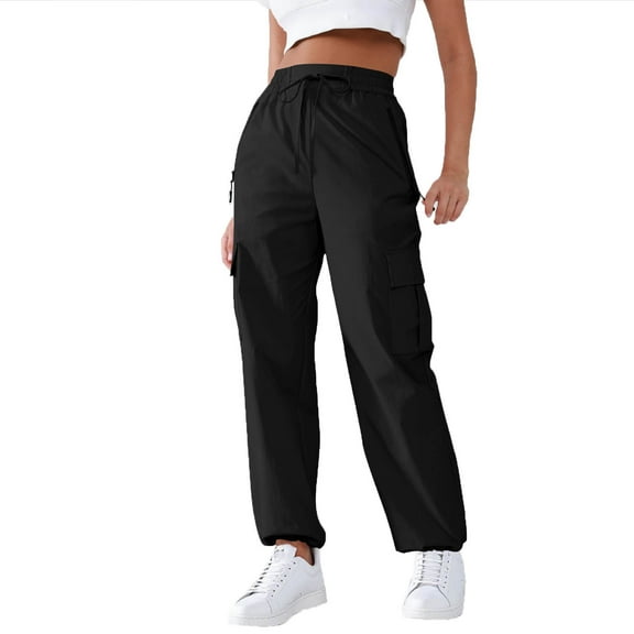 Enjoytime Cargo Pants Women Drawstring Elastic Waist Stretch Trousers Solid Color Casual Comfy Pants Black S