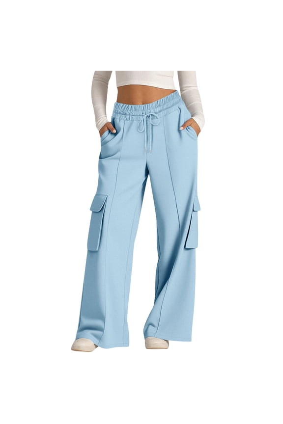 Cargo Pants Women Drawstring Elastic Waisted Wide Legs Pants Solid Color Casual Baggy Sweatpants with Multi Pockets Sky Blue XXL