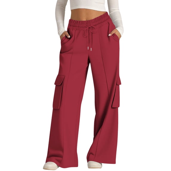 Enjoytime Cargo Pants Women Drawstring Elastic Waisted Wide Legs Pants Solid Color Casual Baggy Sweatpants with Multi Pockets Wine XL