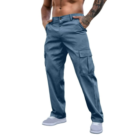 Enjoytime Cargo Pants for Men Solid Color Button Waist Straight Trousers Outdoor Casual Workout Pants for Men Dark Blue L