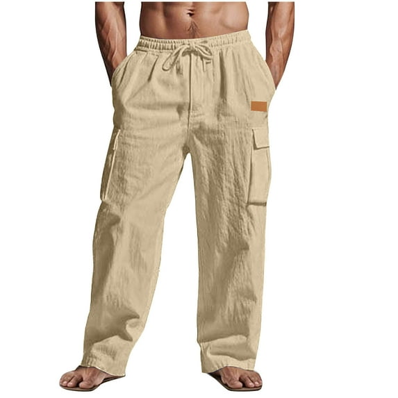 Enjoytime Cargo Pants for Men Solid Color Cotton Linen Elastic Waist Trousers with Multi Pockets Drawstring Loose Plus Size Work Pants Khaki L