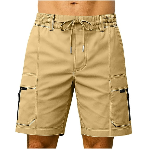 Enjoytime Cargo Shorts for Men Solid Color Elastic Waist Training Workout Shorts Men with Zipper Pocket and Drawstring Khaki S