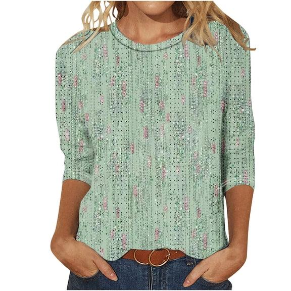 Enjoytime Casual Blouses for Women Floral Print 3/4 Sleeve Shirt Comfortable Loose Tunic Tops Womens Fall Clothing