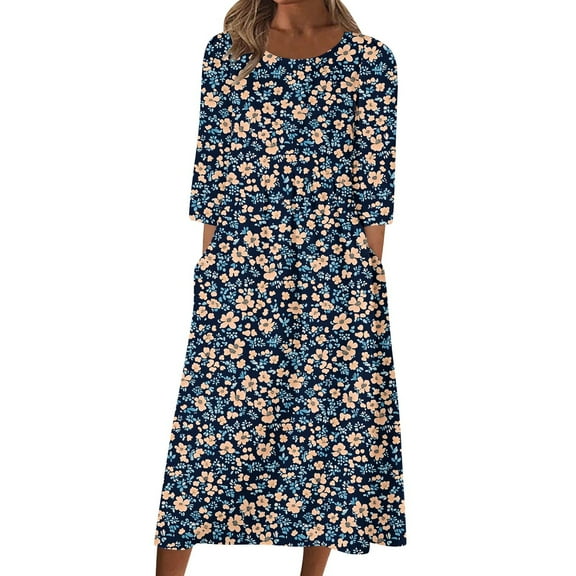 Enjoytime Casual Dresses for Women Floral Printed Round Neck 3/4 Sleeve Boho Midi Dress Fashion Beach Vacation Clothes Multicolor L
