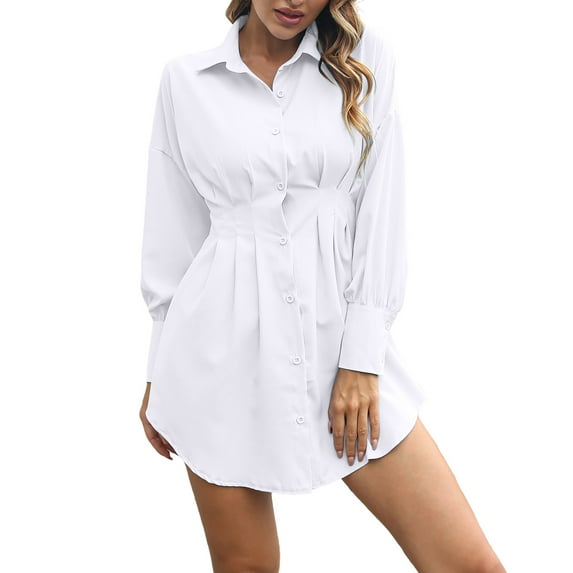 Enjoytime Casual Dresses for Women Solid Color Long Sleeve Waist Button Down Short Dress Loose Travel Vacation Dress White L