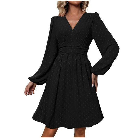 Enjoytime Casual Dresses for Women V-Neck Long Sleeved Knee Length Cute Dresses Fashion Polka Dots Loose Wedding Guest Dress Black L