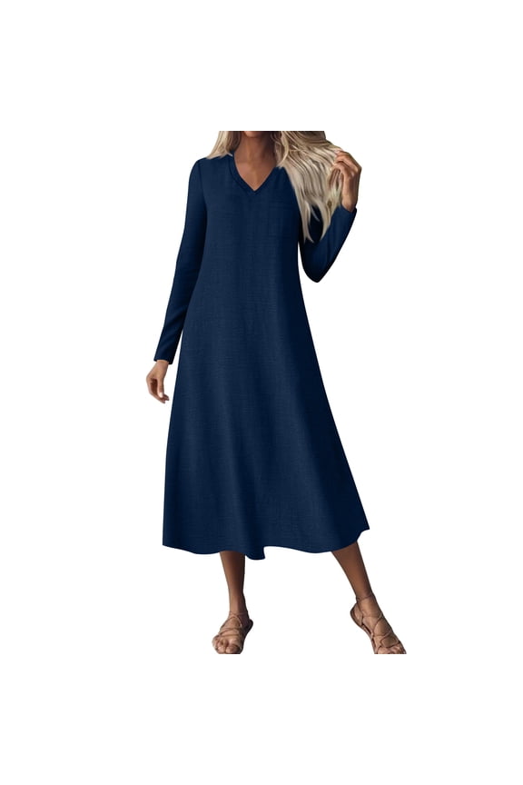 Casual Fall Dresses for Women Solid Color V-Neck Long Sleeve Maxi Dress Loose Beach Vacation Party Dresses Dark Blue L