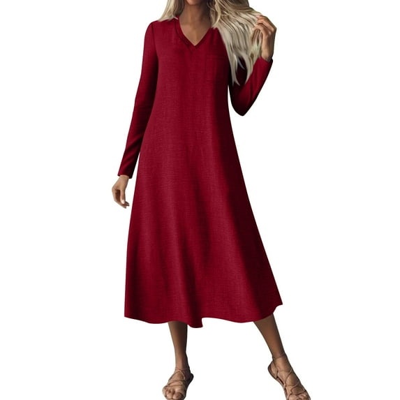 Enjoytime Casual Fall Dresses for Women Solid Color V-Neck Long Sleeve Maxi Dress Loose Beach Vacation Party Dresses Wine S