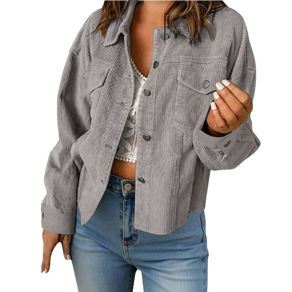 Enjoytime Casual Jackets for Women Solid Color Lapel Long Sleeve Cropped Cardigans Fall Fashion Button Down Outerwear