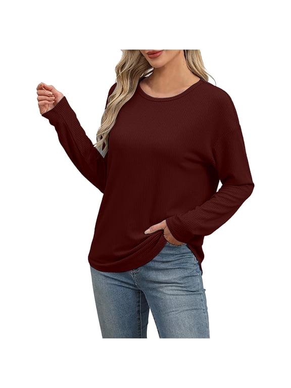Casual Long Sleeve Tops for Women Solid Color Basic Shirts Round Neck Tunic Blouses Fall Winter Clothes