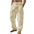 thumbnail image 1 of Enjoytime Casual Pants for Men Solid Color Cotton Linen Drawstring Plus Size Cargo Pants Elastic Waist Loose Trousers for Men with Multi Pockets Khaki XXXL, 1 of 6