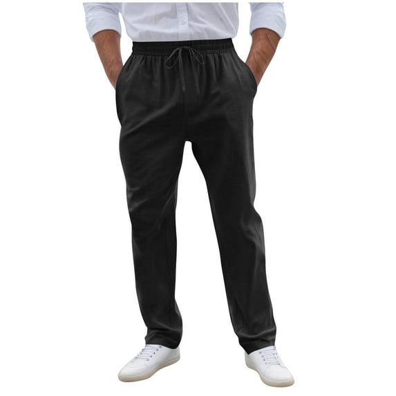 Enjoytime Casual Pants for Men Solid Color Drawstring Straight Plus Size Work Pants Elastic Waist Trousers with Pockets Black XXL