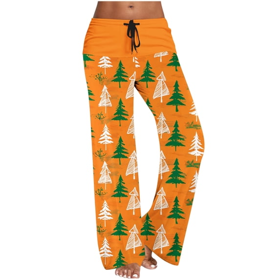 Enjoytime Casual Pants for Women Christmas Printed High Waisted Straight Leg Trousers with Drawstring Fall Winter Fashion Comfy Pants Orange XL