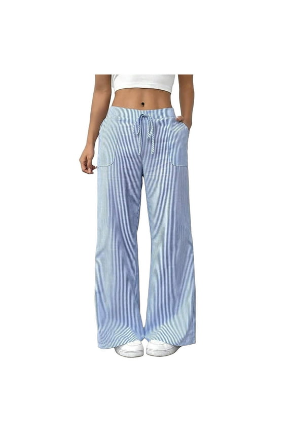 Casual Pants for Women Striped Linen Straight Leg Pants with Drawstring Fashion Casual Loose Work Trousers Sky Blue L