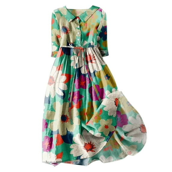 Enjoytime Casual Plus Size Dresses For Womens Fashion Floral Print Dress Women's Boho Crew Neck A Line Tea-Length Midi Dresses For Women 2025