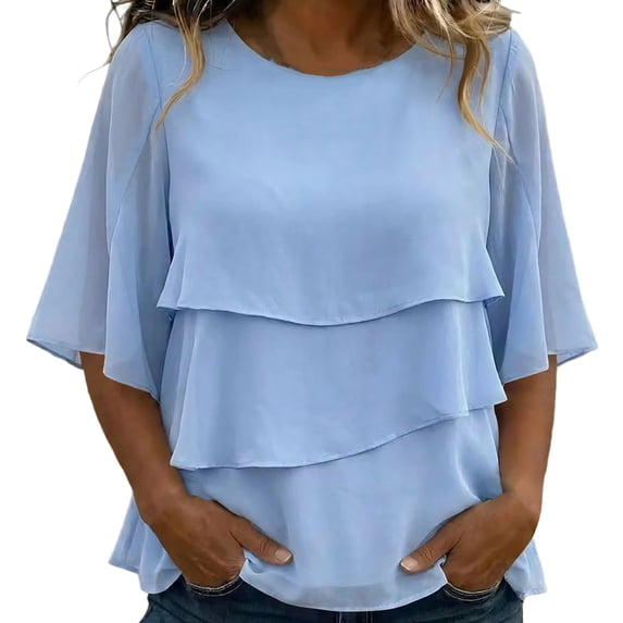 Enjoytime Casual Tops for Women Crew Neck Ruffle Half Sleeve Shirts Flowy Lightweight Loose Plus Size Womens Clothing