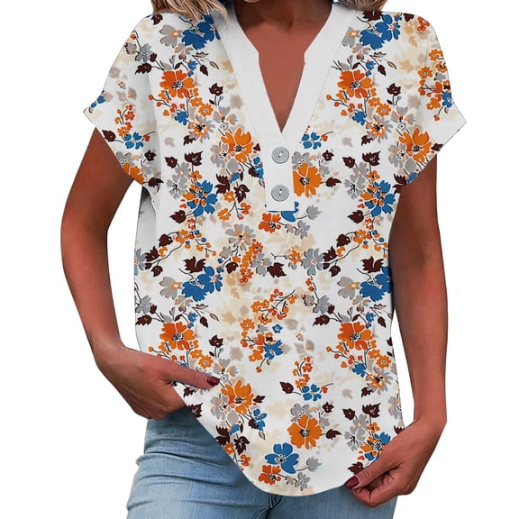 Enjoytime Casual Tops for Women Floral Printed V-Neck Button Down Shirt Summer Spring Casual Short Sleeve Plus Size Blouses Khaki S