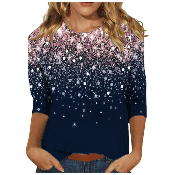 Enjoytime Casual Tops for Women Gradient Crewneck 3/4 Sleeve Shirt with Sequin Fashion Party Trendy Blouses Blue L