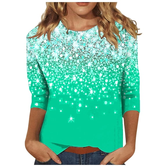 Enjoytime Casual Tops for Women Gradient Crewneck 3/4 Sleeve Shirt with Sequin Fashion Party Trendy Blouses Green L