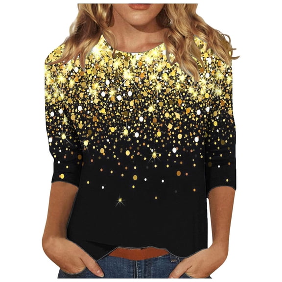 Enjoytime Casual Tops for Women Gradient Crewneck 3/4 Sleeve Shirt with Sequin Fashion Party Trendy Blouses Yellow L