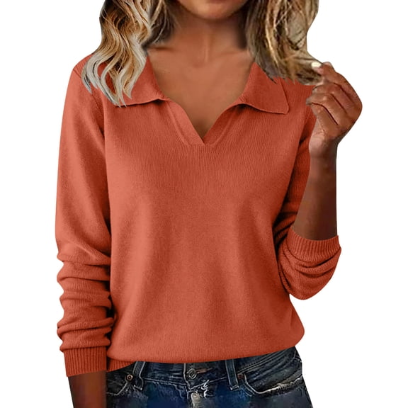 Enjoytime Casual Tops for Women Solid Color Lapel Long Sleeve Shirts Lightweight Soft Knit Pullover Sweater Plus Size Blouse Orange S