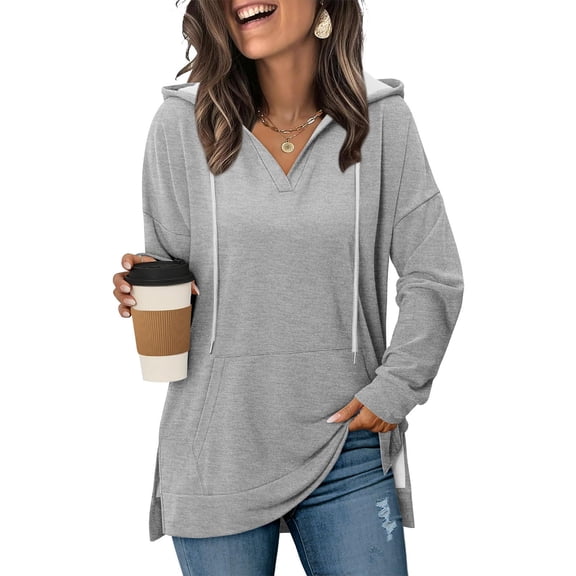 Enjoytime Casual Tops for Women Solid Color V-Neck Long Sleeve Hooded Blouse Trendy Fashion Loose Mid Length Shirt Gray S