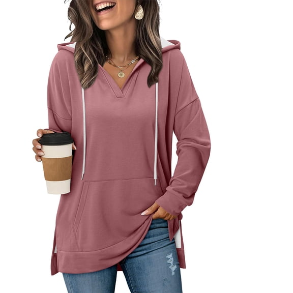 Enjoytime Casual Tops for Women Solid Color V-Neck Long Sleeve Hooded Blouse Trendy Fashion Loose Mid Length Shirt Pink S