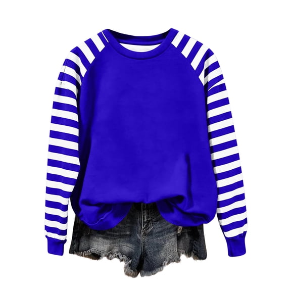 Enjoytime Casual Tops for Women Striped Patchwork Long Sleeve Crewneck Sweatshirt Fashion Loose Trendy Pullover Sweatshirts Blue XL