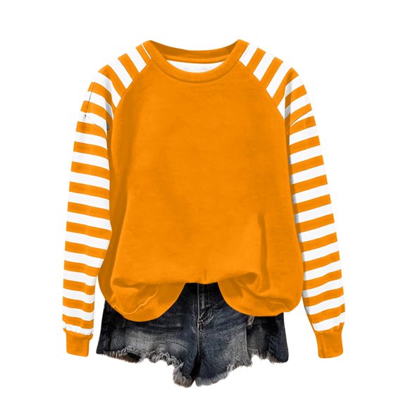 Enjoytime Casual Tops for Women Striped Patchwork Long Sleeve Crewneck Sweatshirt Fashion Loose Trendy Pullover Sweatshirts Orange M