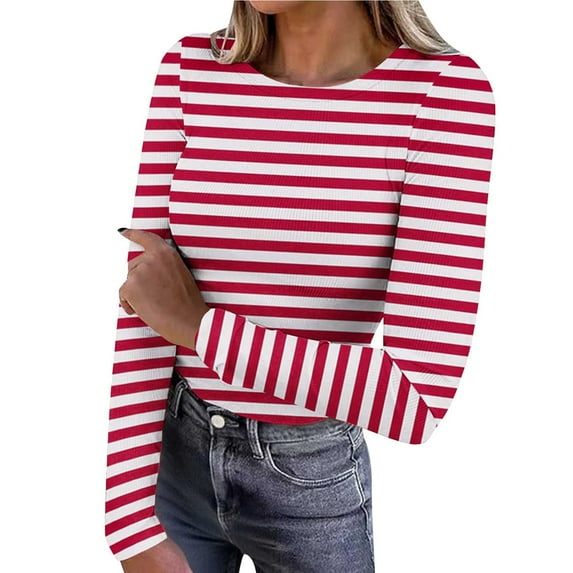 Enjoytime Casual Tops for Women Striped Round Neck Long Sleeve Shirts Business Work Blouses Fall Winter 2025 Clothes Red M